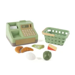 Set cassa del negozio con cestino e alimenti