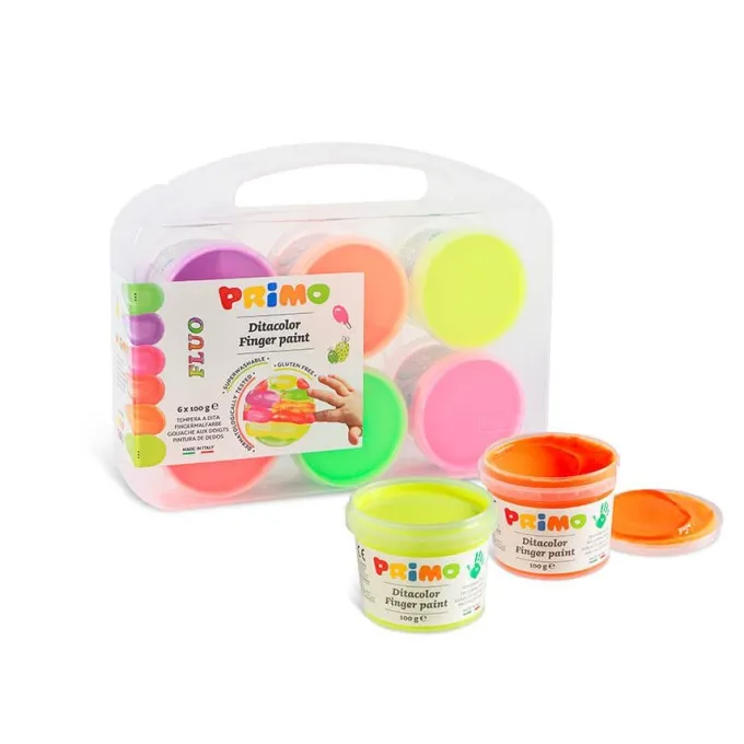 Tempera a dita colori fluo primo - 6 vasetti in valigetta